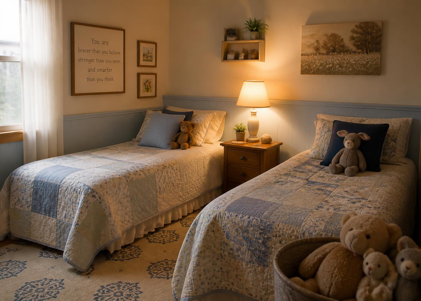 A warm bedroom prepared for siblings, with two beds and soft quilts