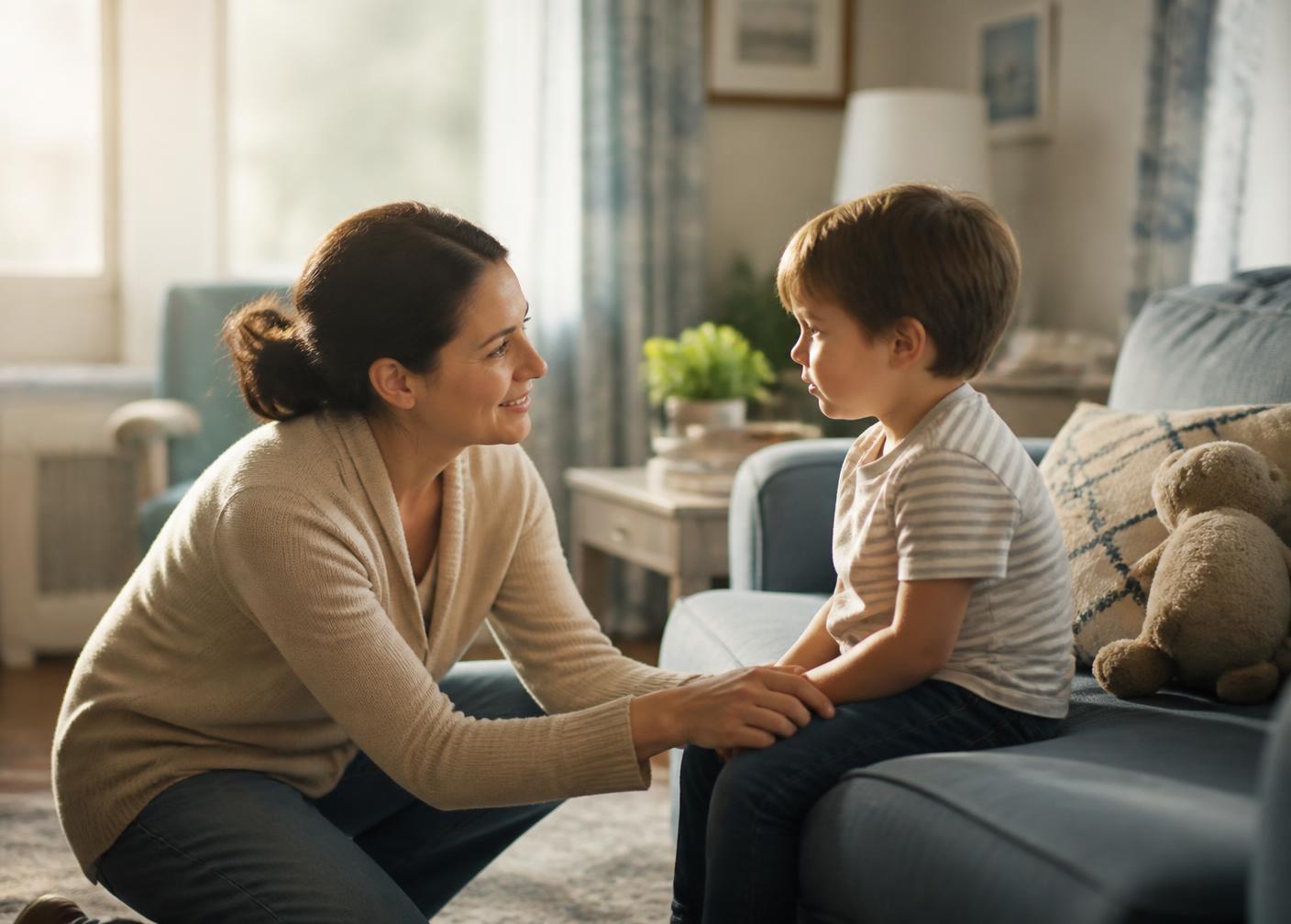 A caring adult comforting a child in a warm, quiet room