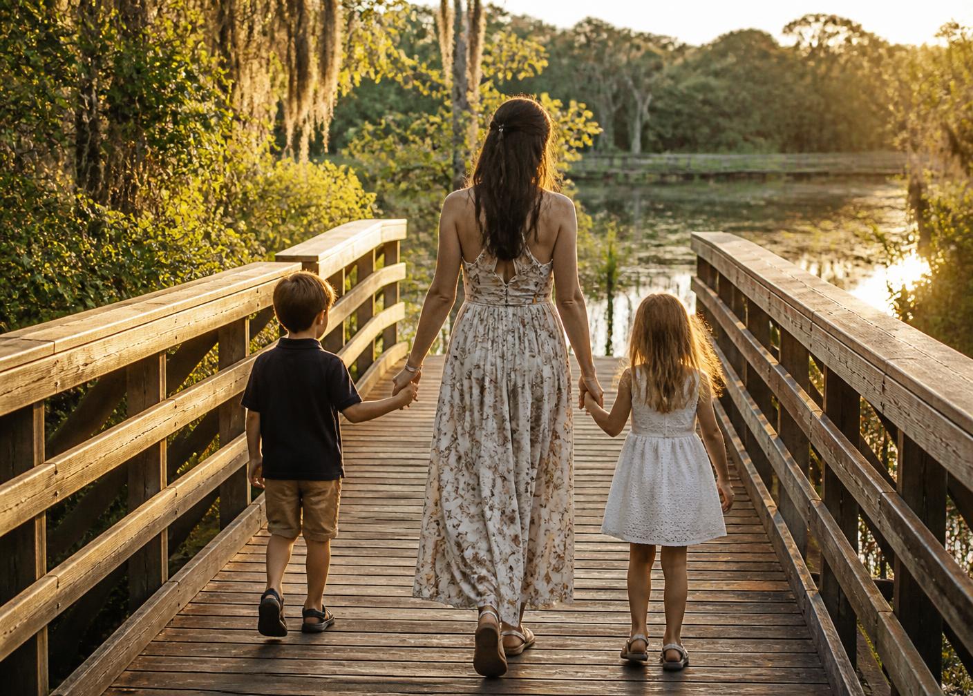 A parent walking with two children along a sunlit bayou boardwalk