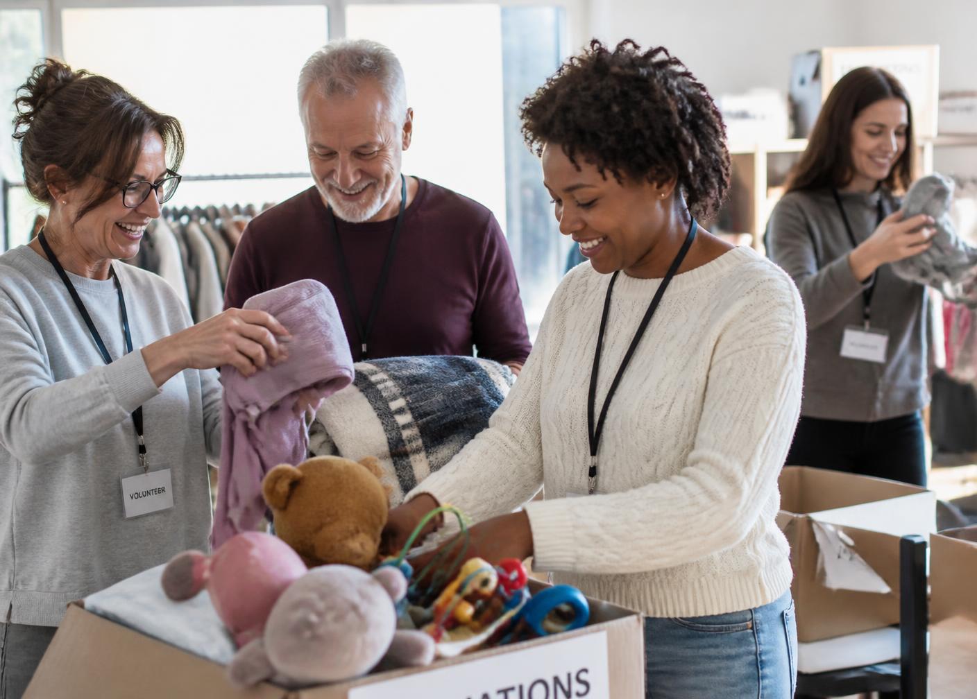 Community volunteers working together in a bright room